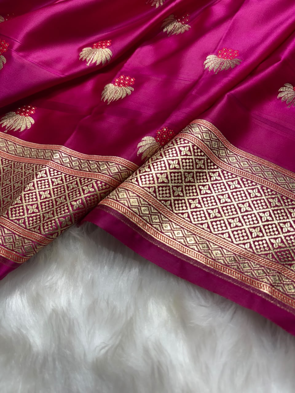 Banarasi Minakari Floral Pattern Mashru Silk Saree in Fuchsia Rani Shades