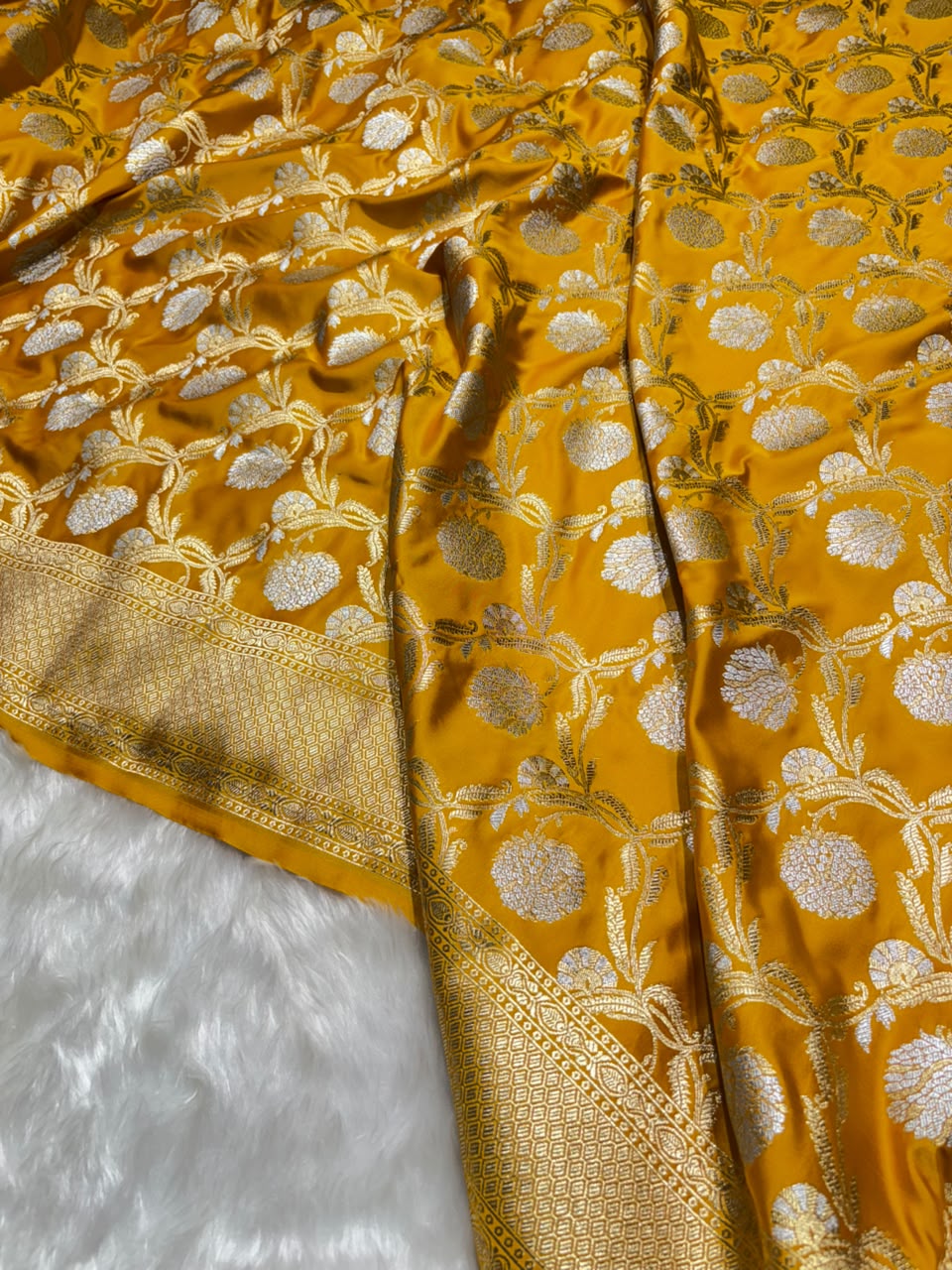 Mustard Shades Floral Jaal Mashru Silk Saree