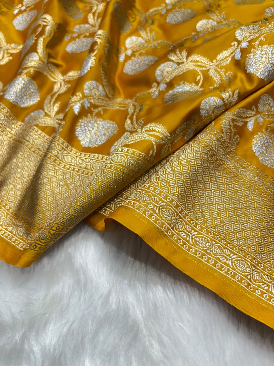 Mustard Shades Floral Jaal Mashru Silk Saree