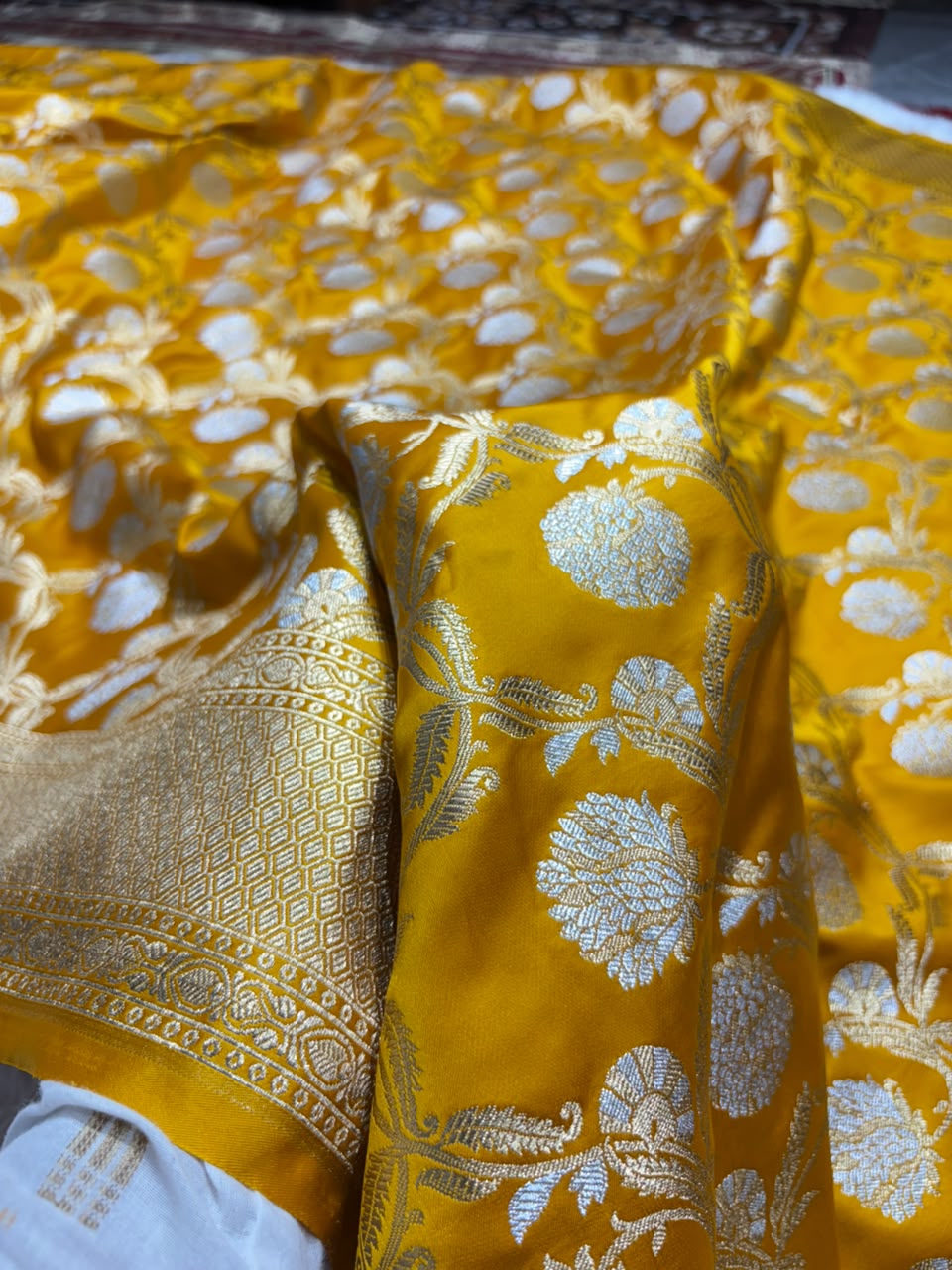 Mustard Shades Floral Jaal Mashru Silk Saree
