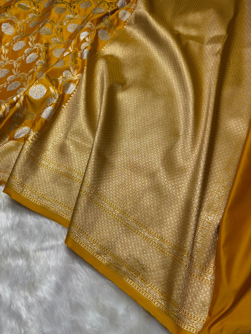 Mustard Shades Floral Jaal Mashru Silk Saree
