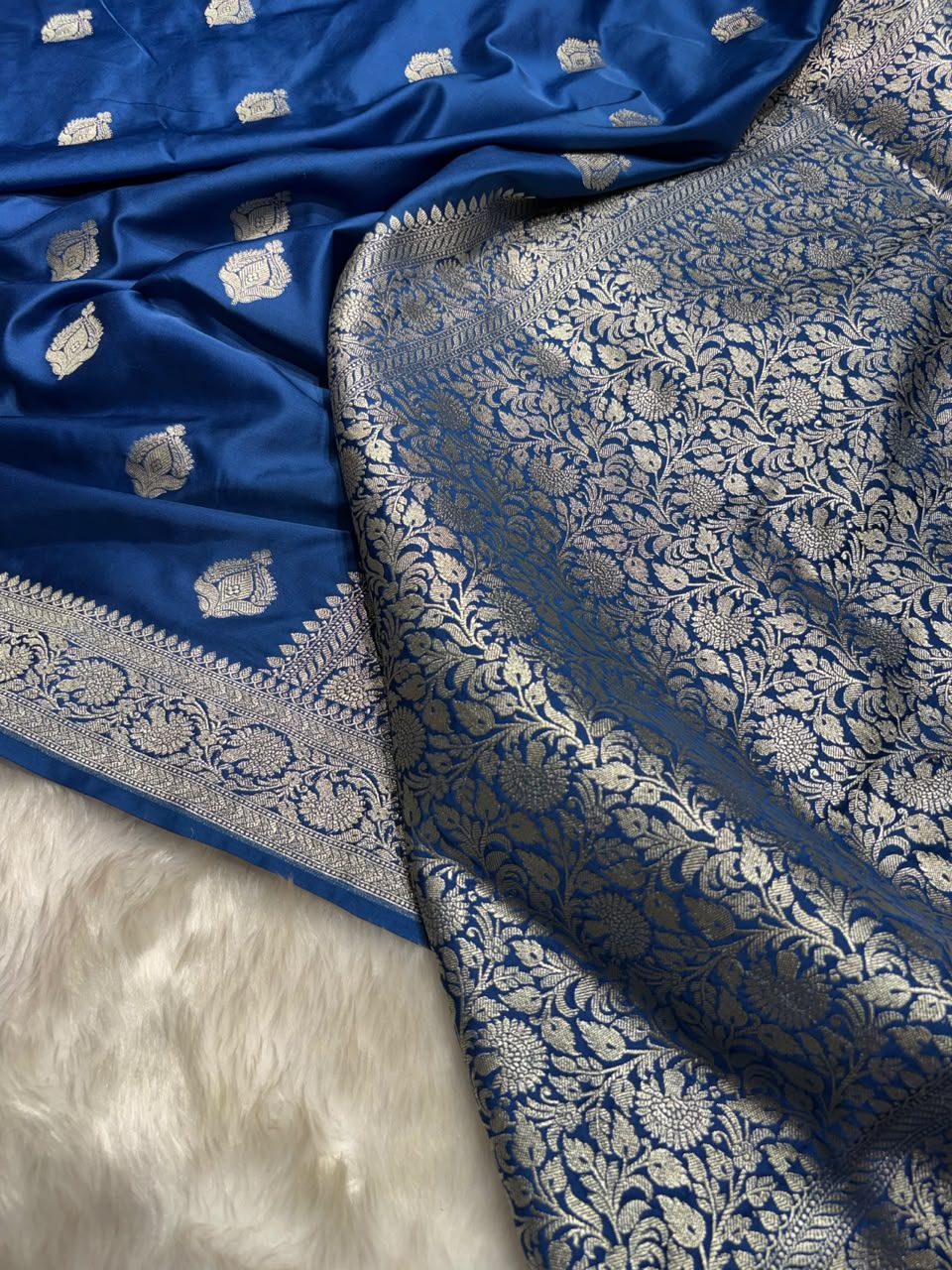 Royal Blue Shades Floral Boota Pattern Mashru Silk Saree