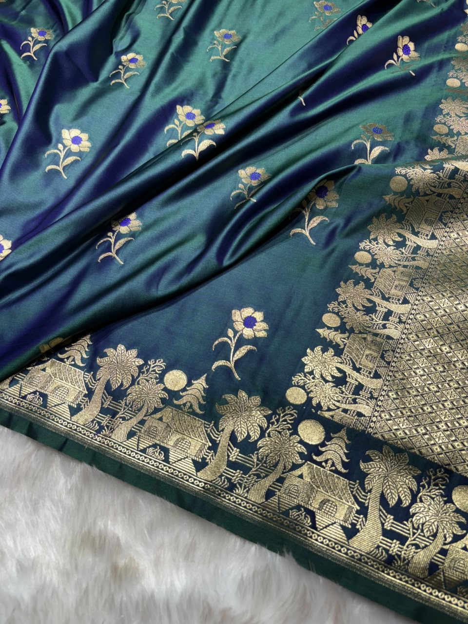 Cross Dark Peacock Shades Banarasi Boota Pattern Minakari Floral Mashru Silk Saree