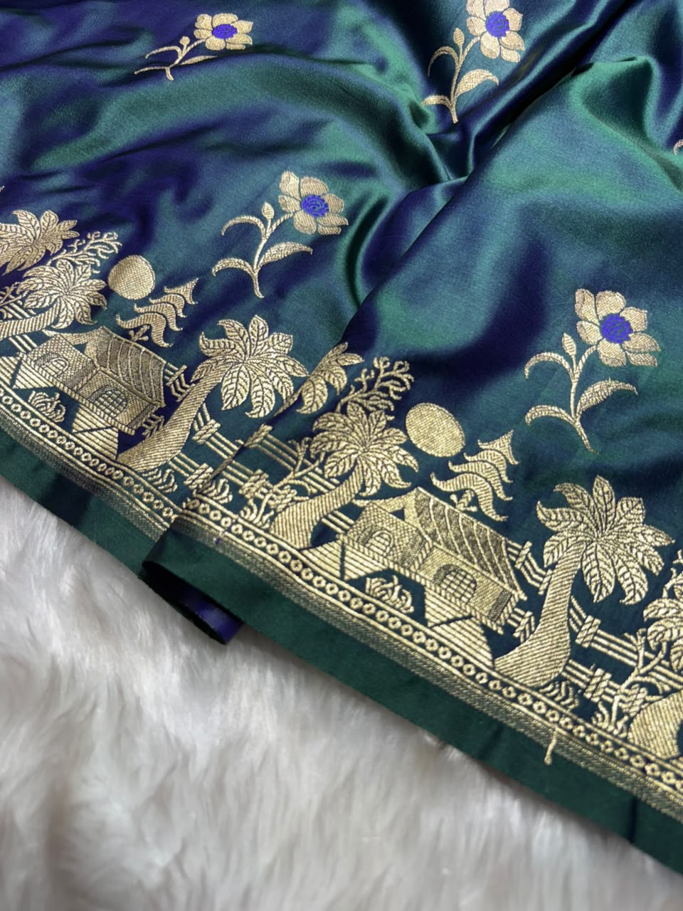 Cross Dark Peacock Shades Banarasi Boota Pattern Minakari Floral Mashru Silk Saree