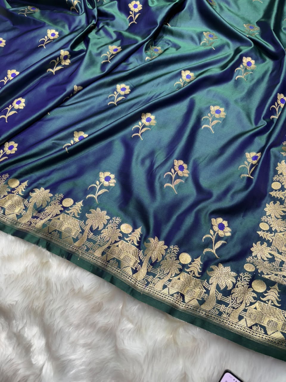Cross Dark Peacock Shades Banarasi Boota Pattern Minakari Floral Mashru Silk Saree