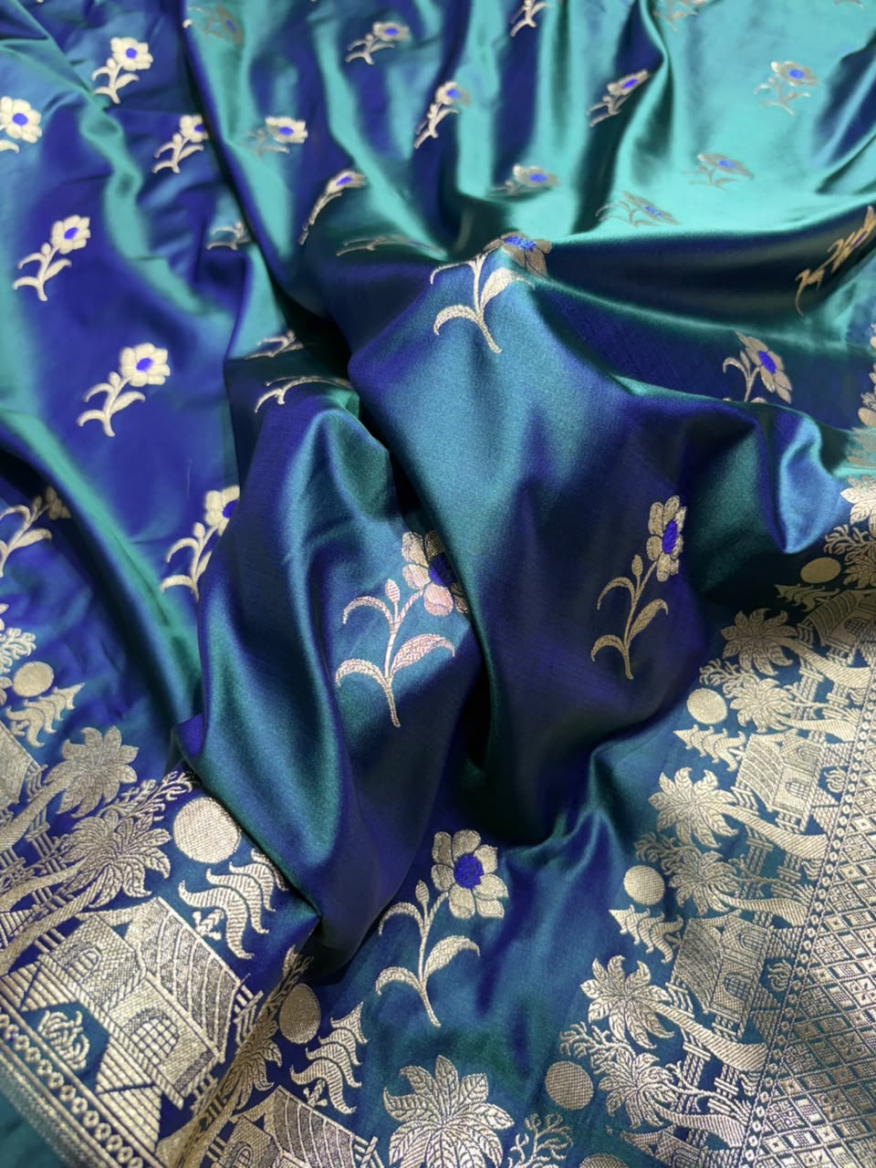 Cross Dark Peacock Shades Banarasi Boota Pattern Minakari Floral Mashru Silk Saree
