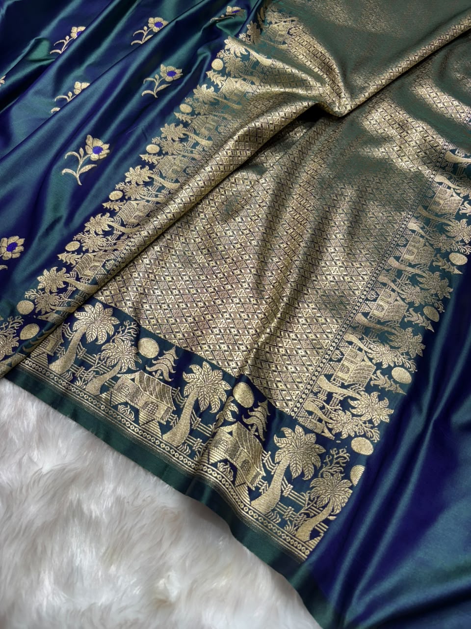 Cross Dark Peacock Shades Banarasi Boota Pattern Minakari Floral Mashru Silk Saree