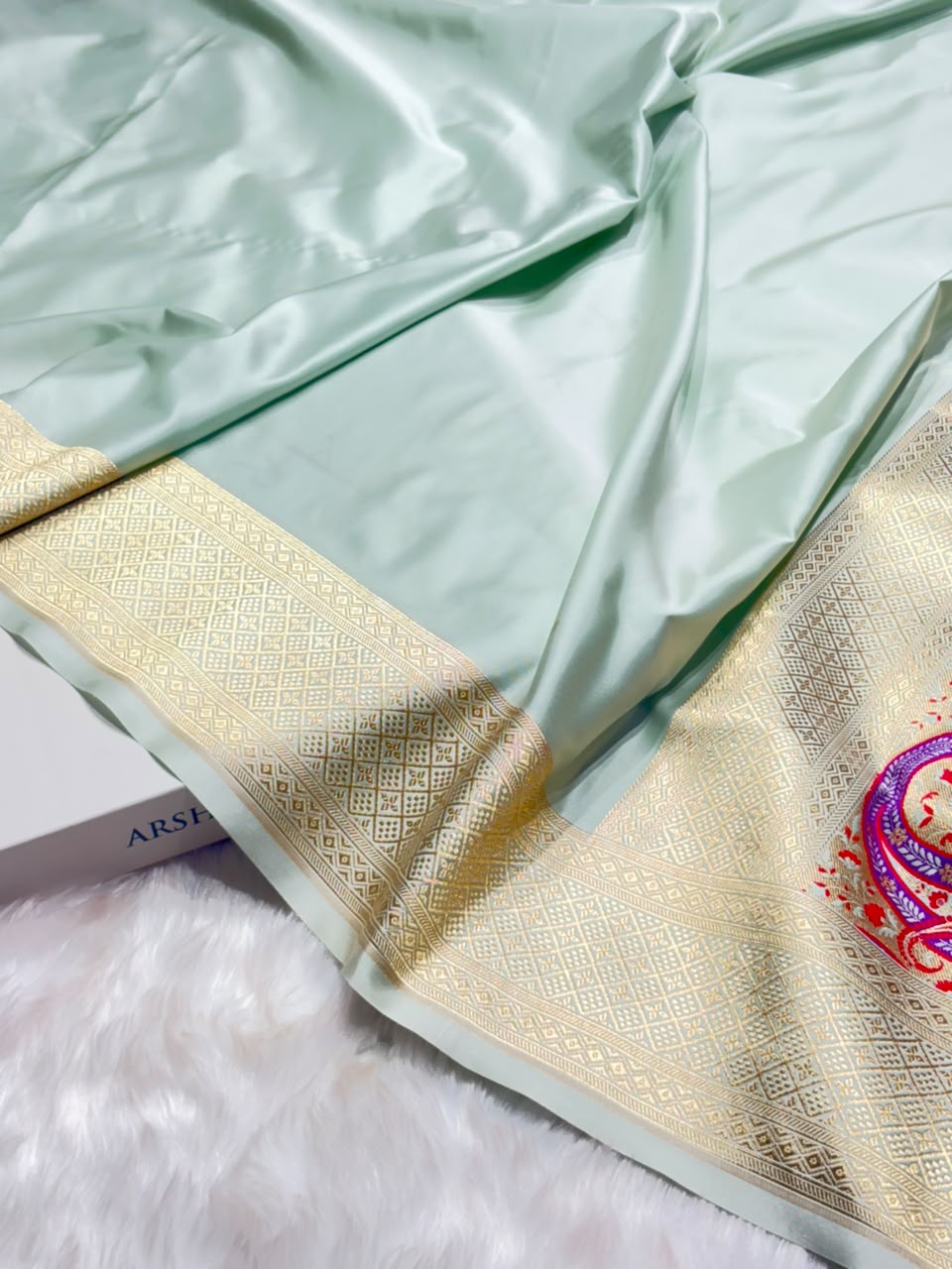 Banarasi Plain Sage Mist Shades With Minakari Pallu Mashru Silk Saree