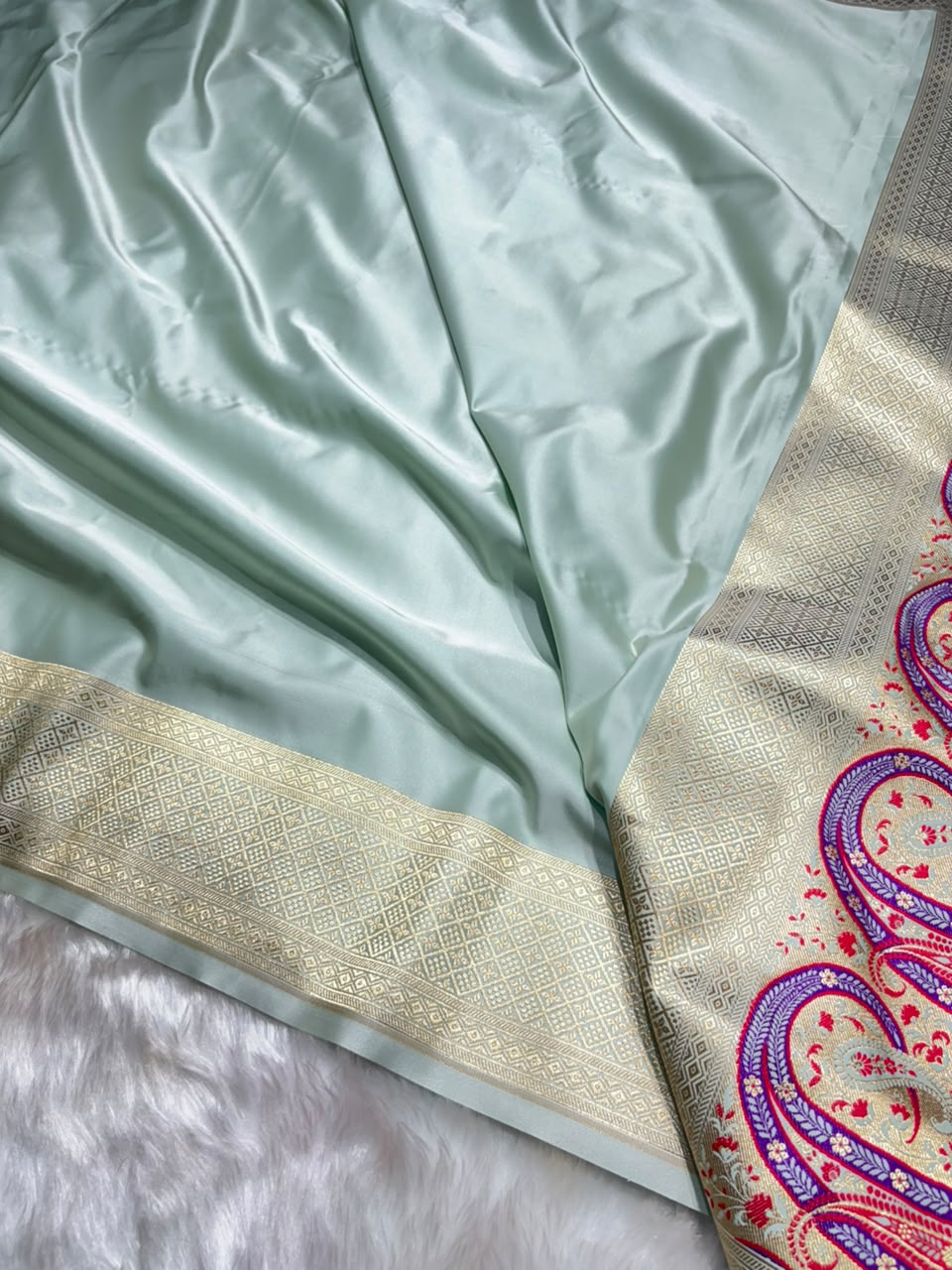 Banarasi Plain Sage Mist Shades With Minakari Pallu Mashru Silk Saree
