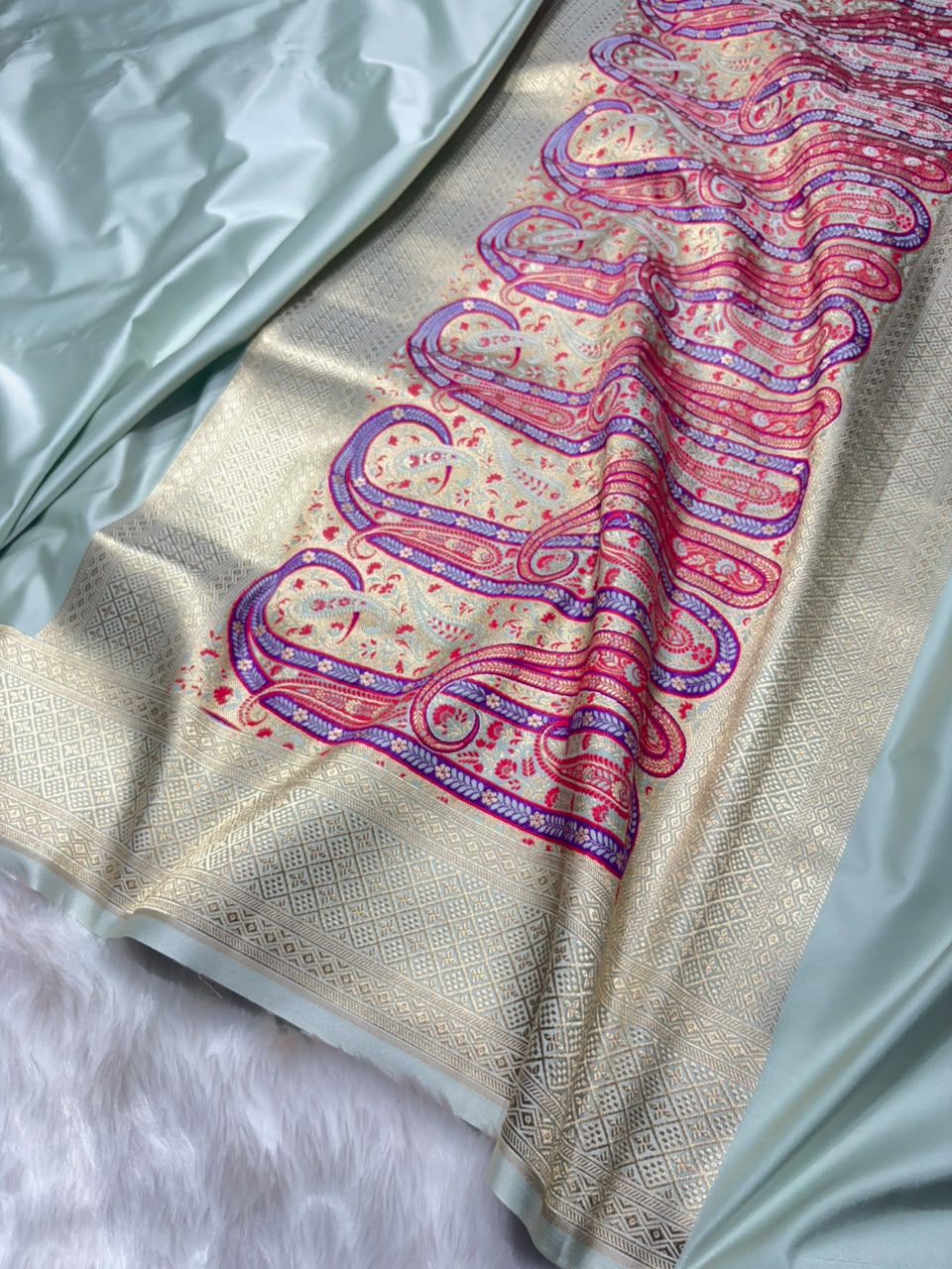 Banarasi Plain Sage Mist Shades With Minakari Pallu Mashru Silk Saree