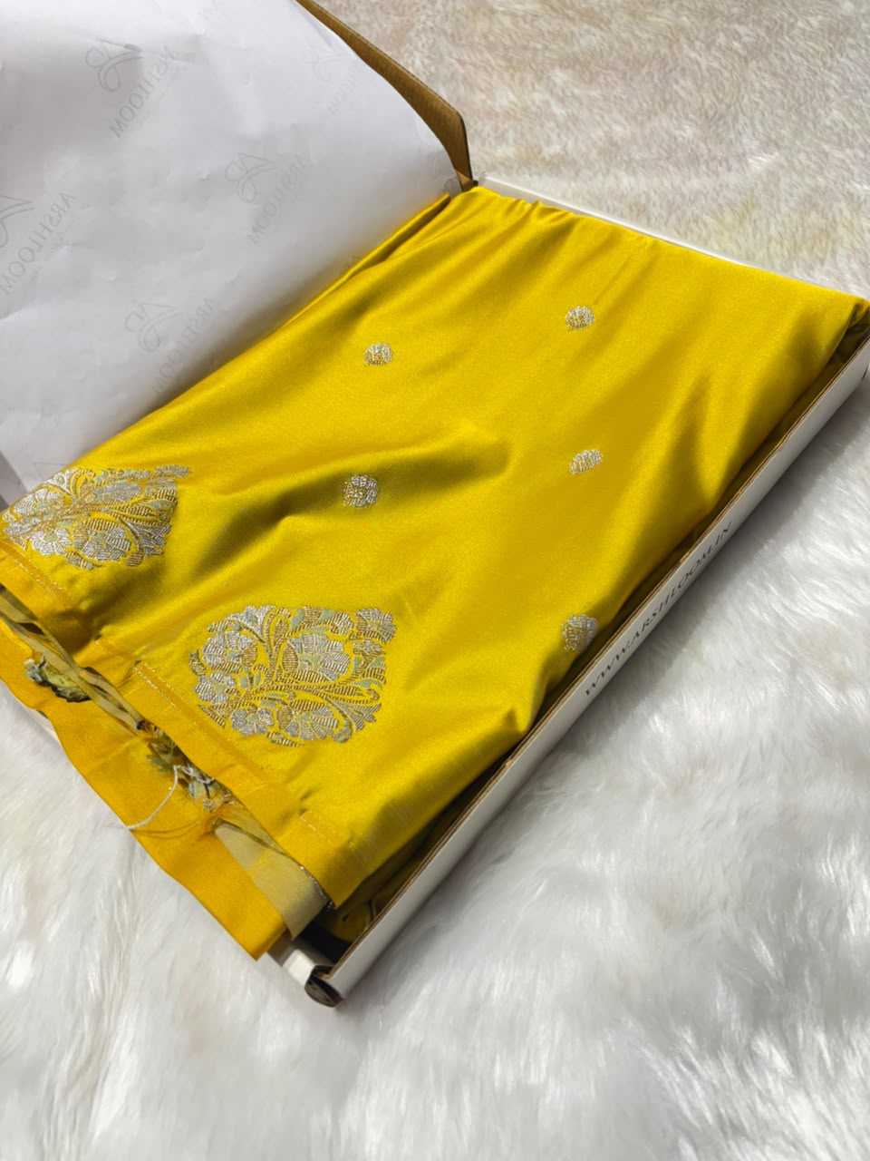 Mustard Yellow Shades Booti with Floral Border Mashru Silk Saree