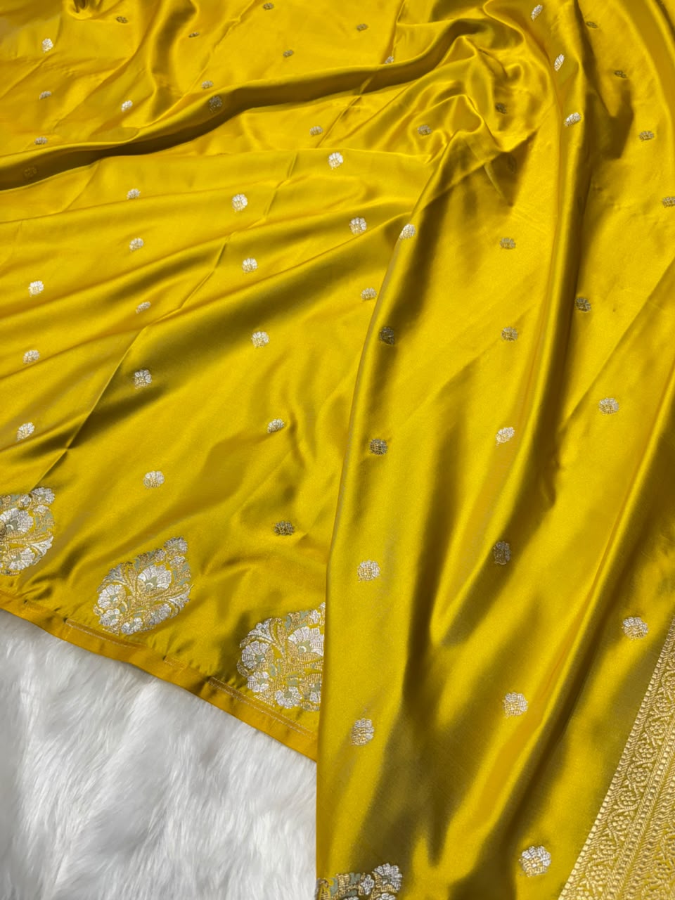 Mustard Yellow Shades Booti with Floral Border Mashru Silk Saree