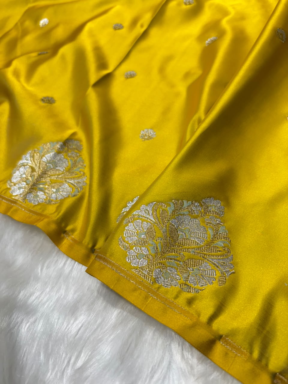Mustard Yellow Shades Booti with Floral Border Mashru Silk Saree
