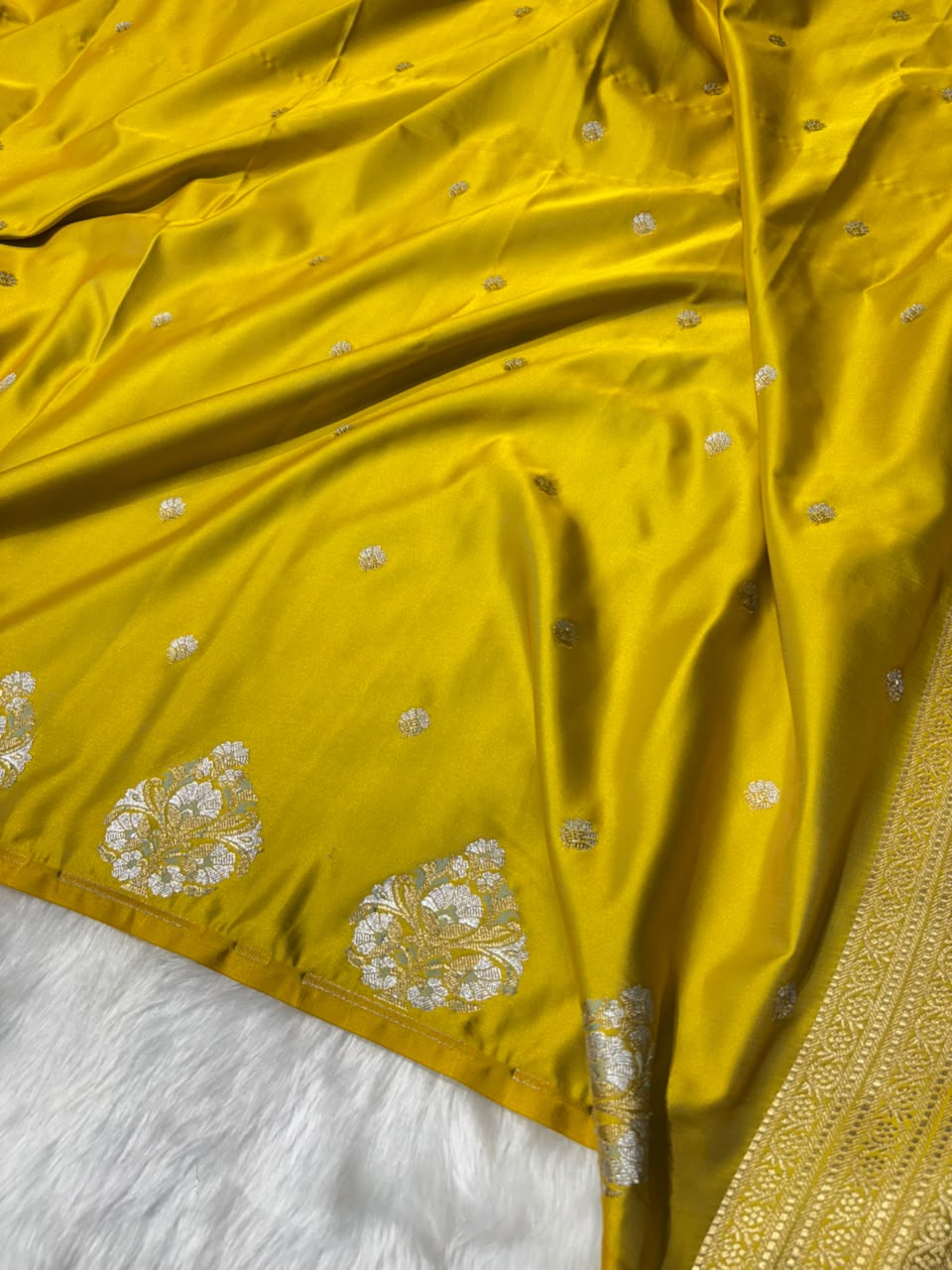 Mustard Yellow Shades Booti with Floral Border Mashru Silk Saree