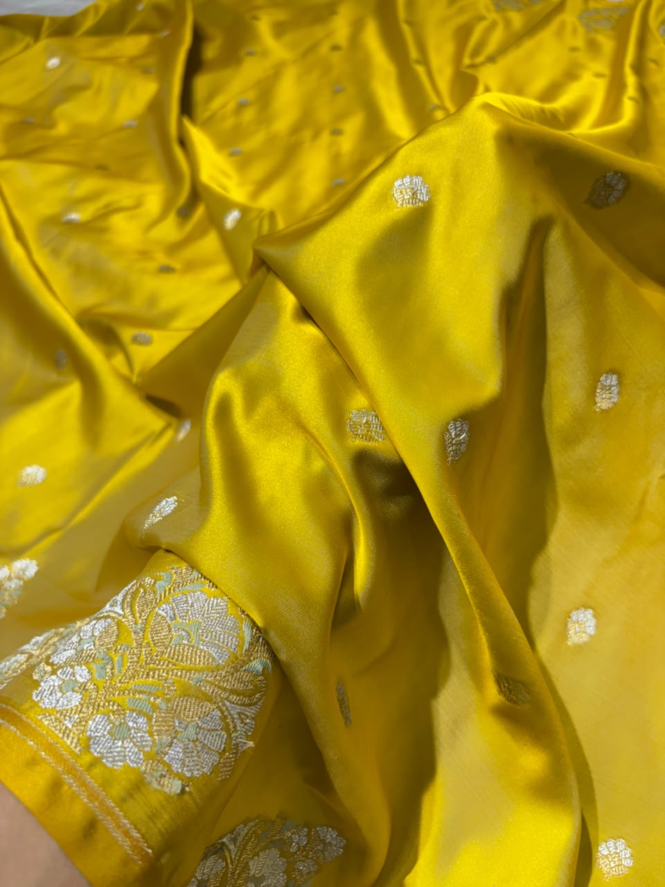 Mustard Yellow Shades Booti with Floral Border Mashru Silk Saree