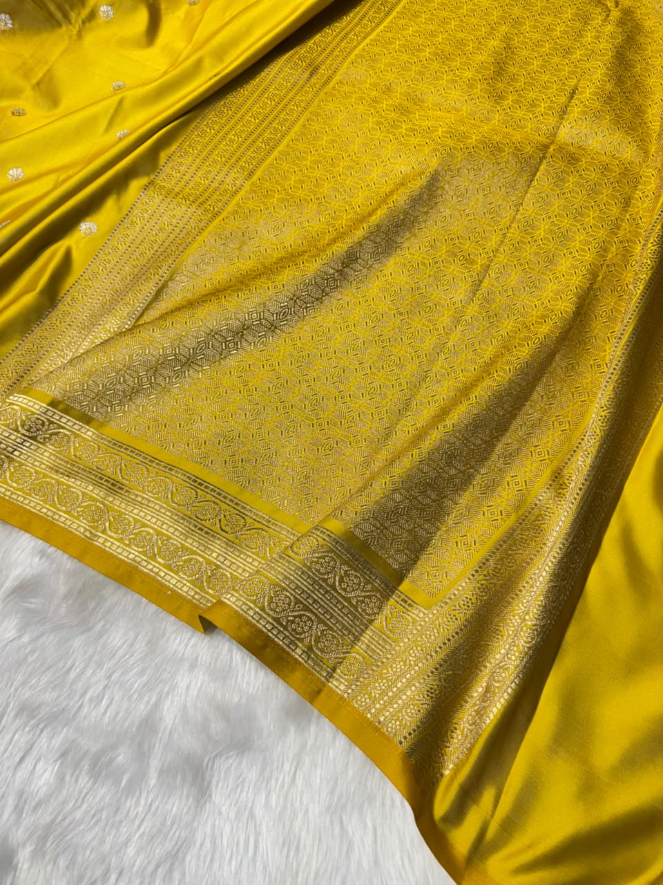 Mustard Yellow Shades Booti with Floral Border Mashru Silk Saree
