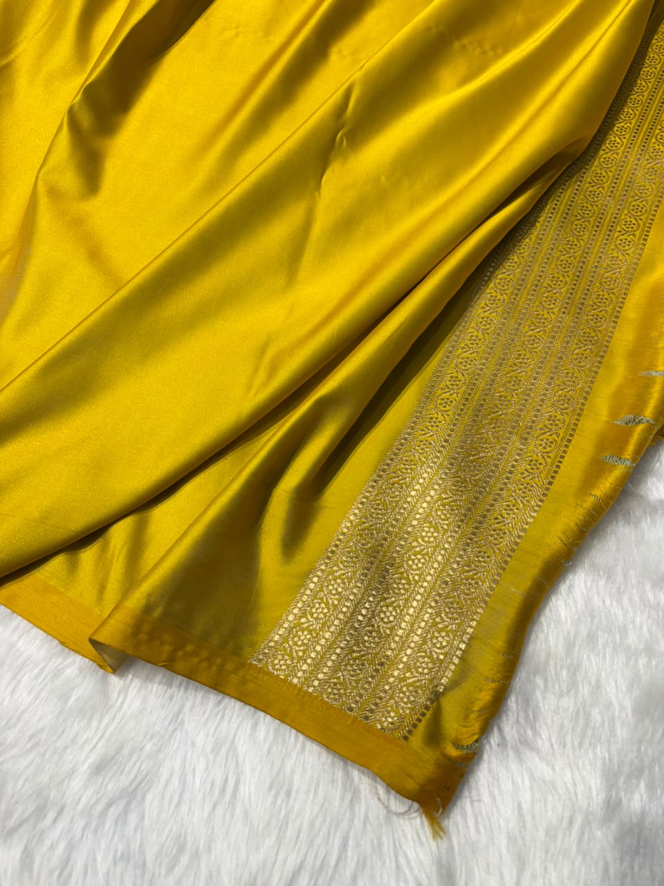 Mustard Yellow Shades Booti with Floral Border Mashru Silk Saree