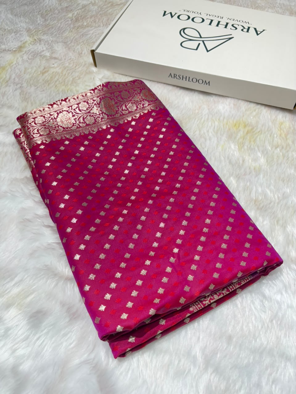 Cross Floral Dot Motifs Banarasi Mashru Silk Saree in Rani Pink Shades