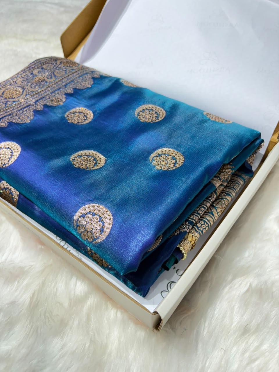 Satin Silk Chand Tara Saree with Swarovski and Gota Patti in Peacock Shades