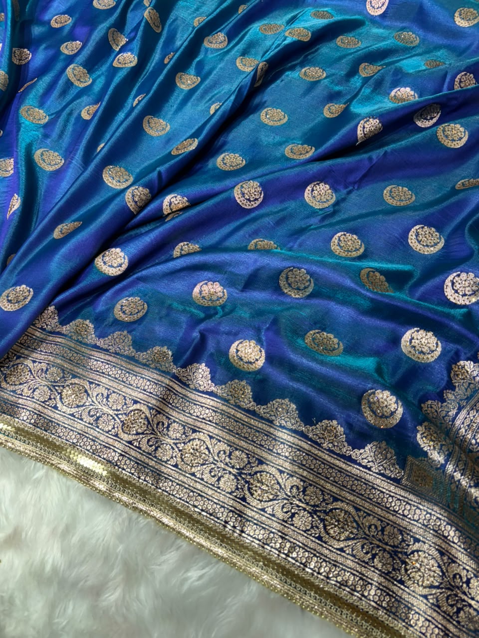 Satin Silk Chand Tara Saree with Swarovski and Gota Patti in Peacock Shades