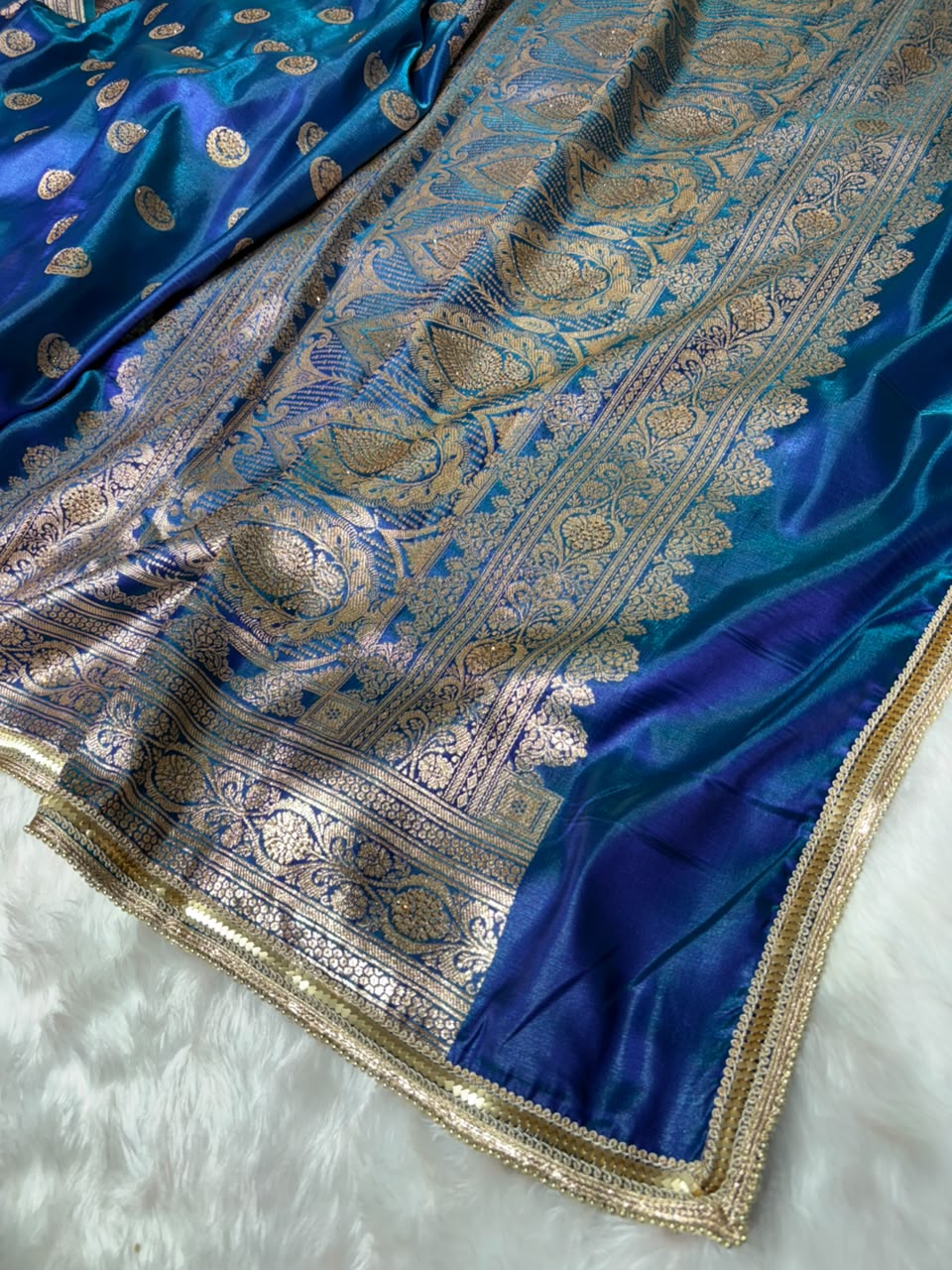 Satin Silk Chand Tara Saree with Swarovski and Gota Patti in Peacock Shades