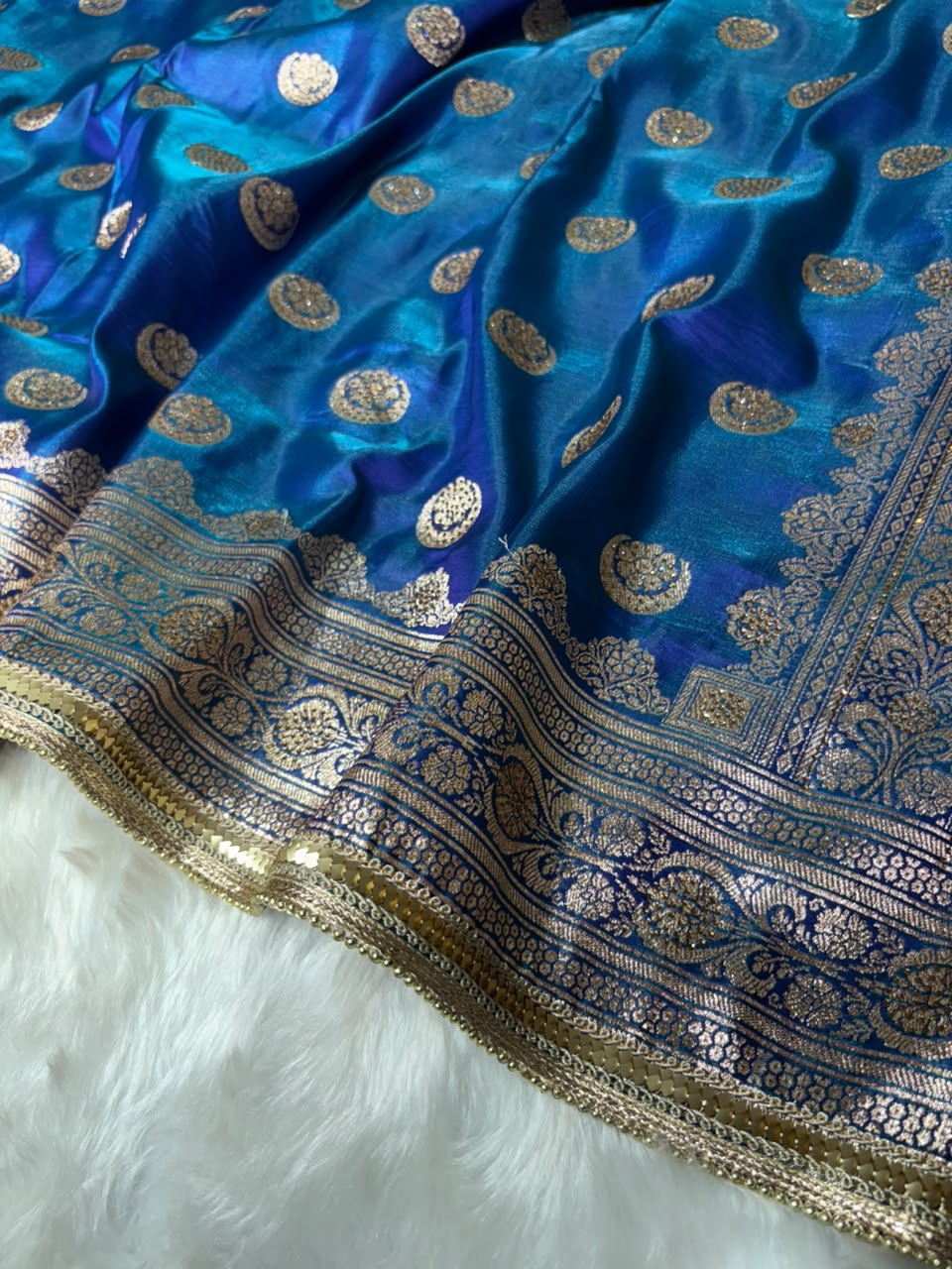 Satin Silk Chand Tara Saree with Swarovski and Gota Patti in Peacock Shades
