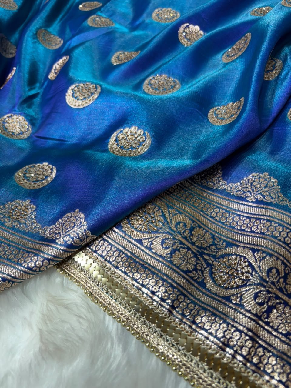 Satin Silk Chand Tara Saree with Swarovski and Gota Patti in Peacock Shades