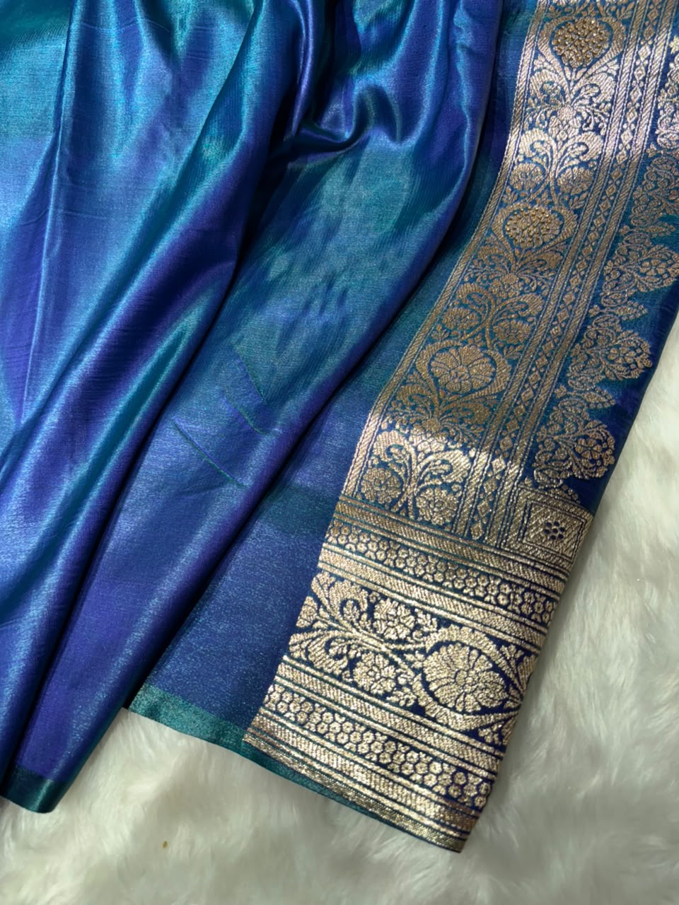Satin Silk Chand Tara Saree with Swarovski and Gota Patti in Peacock Shades