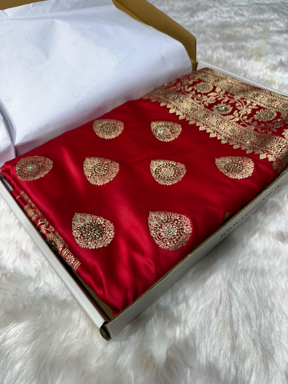 Premium Banarasi Satin Katan Saree Swarovski Work Boota Pattern in Red Shades