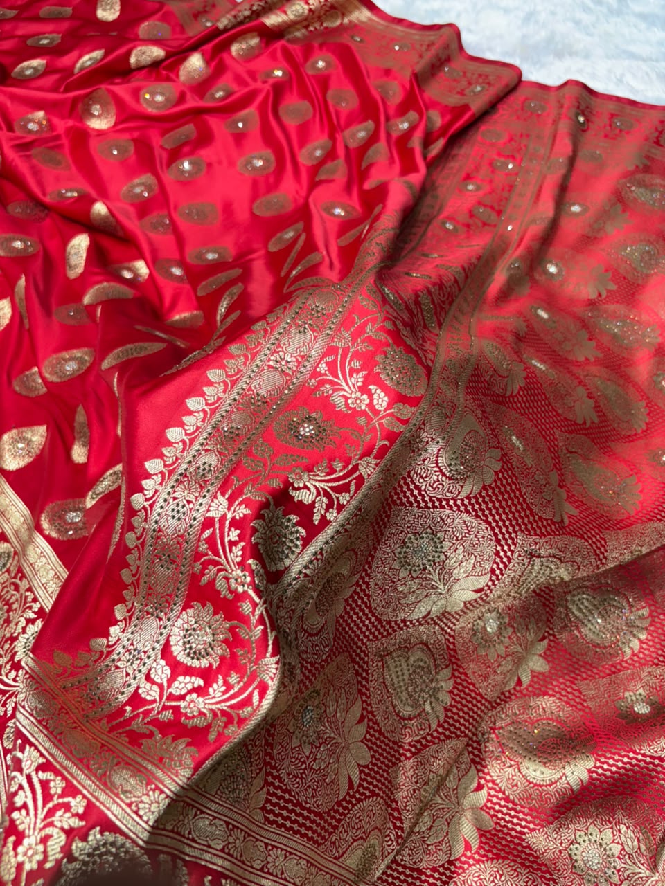 Premium Banarasi Satin Katan Saree Swarovski Work Boota Pattern in Red Shades