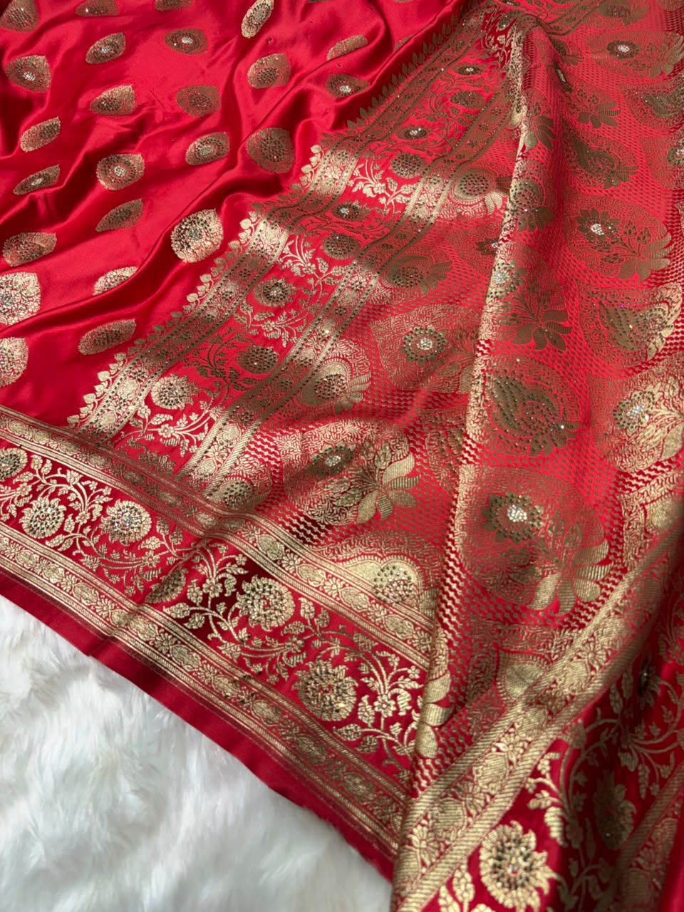 Premium Banarasi Satin Katan Saree Swarovski Work Boota Pattern in Red Shades