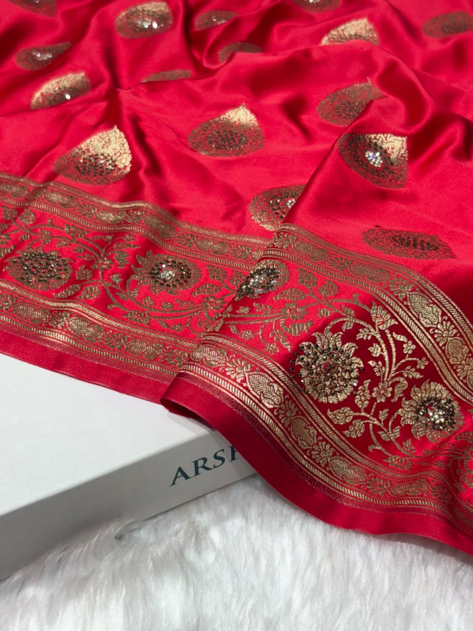 Premium Banarasi Satin Katan Saree Swarovski Work Boota Pattern in Red Shades