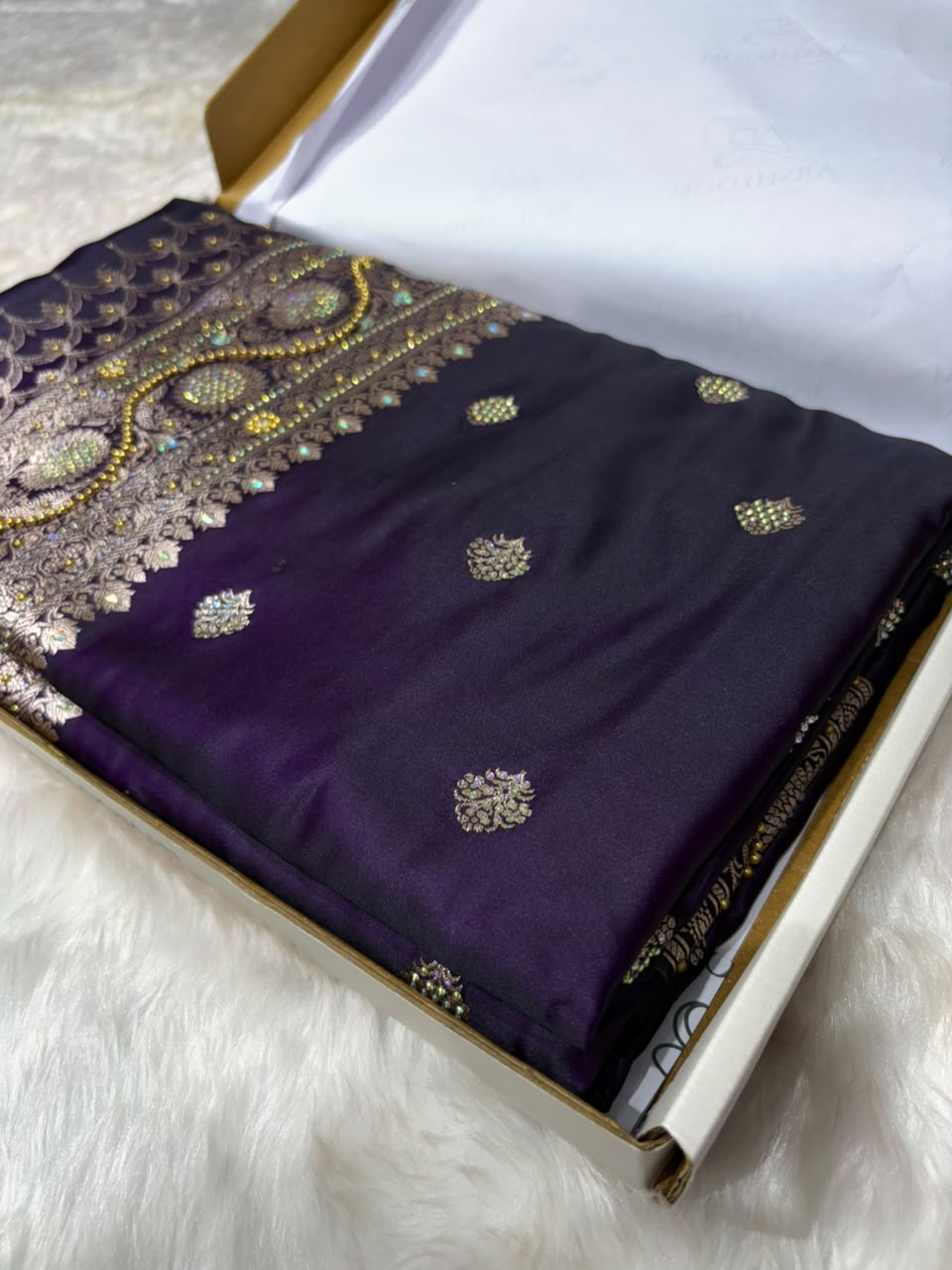 Blackish Purple With Swarovski Work Booti Mashru Silk Saree