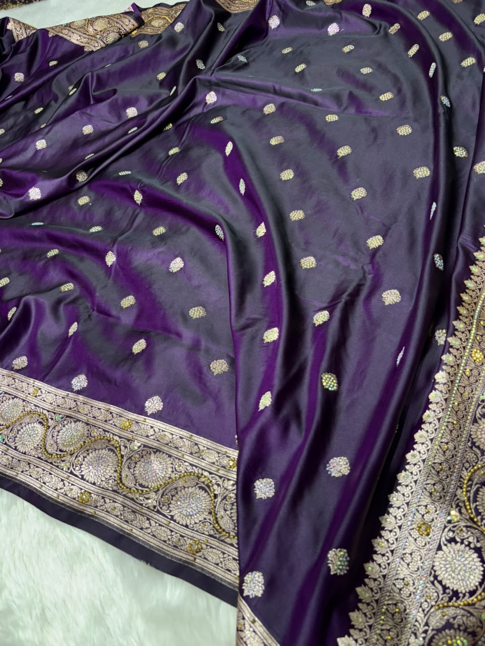Blackish Purple With Swarovski Work Booti Mashru Silk Saree