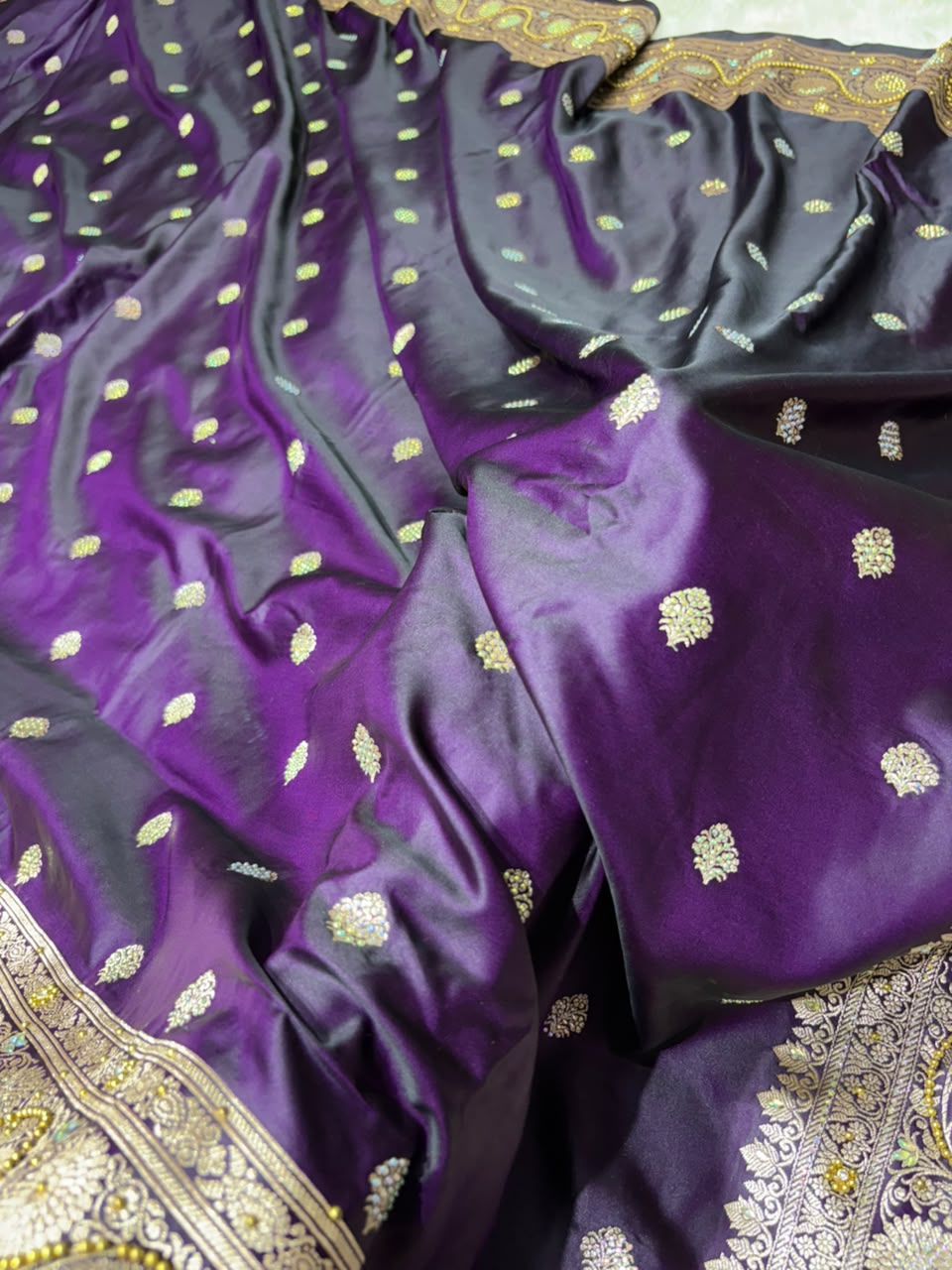 Blackish Purple With Swarovski Work Booti Mashru Silk Saree
