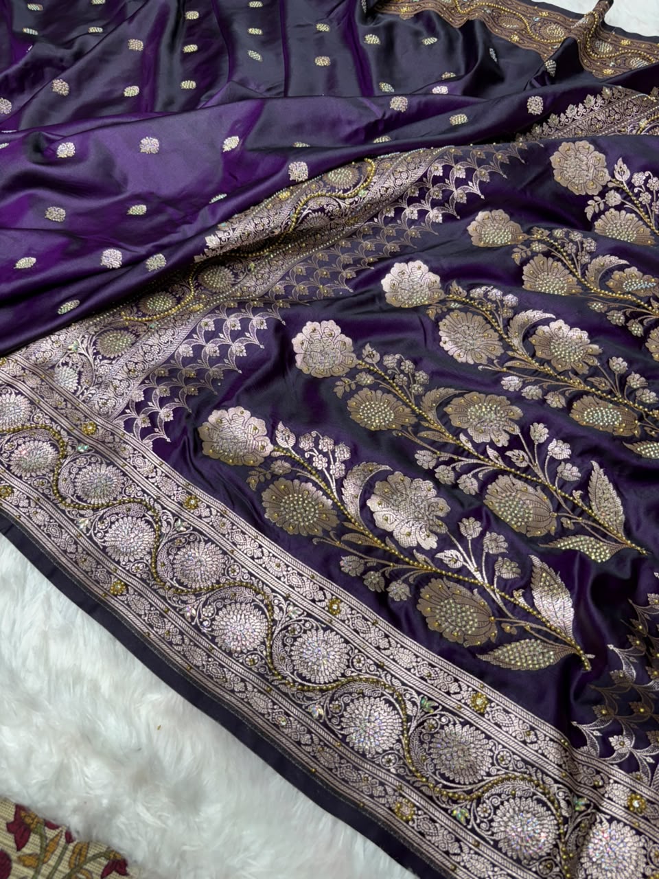 Blackish Purple With Swarovski Work Booti Mashru Silk Saree