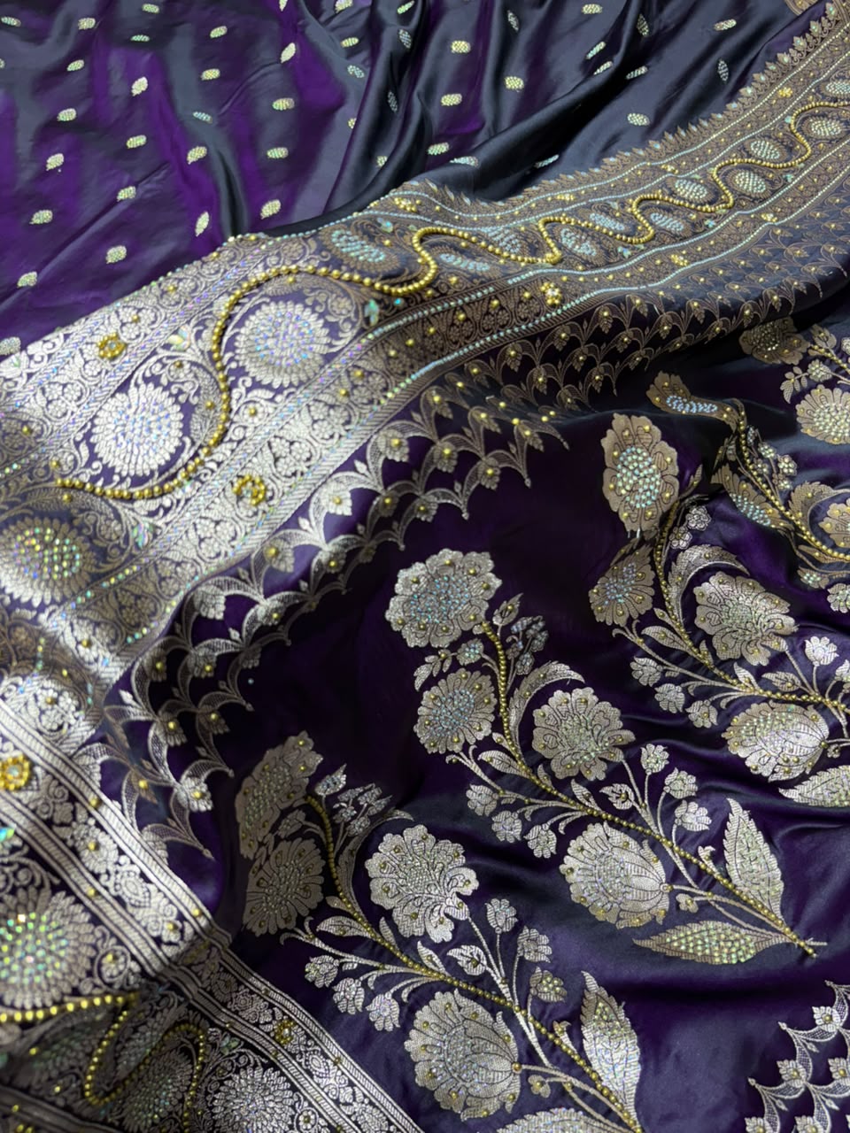 Blackish Purple With Swarovski Work Booti Mashru Silk Saree