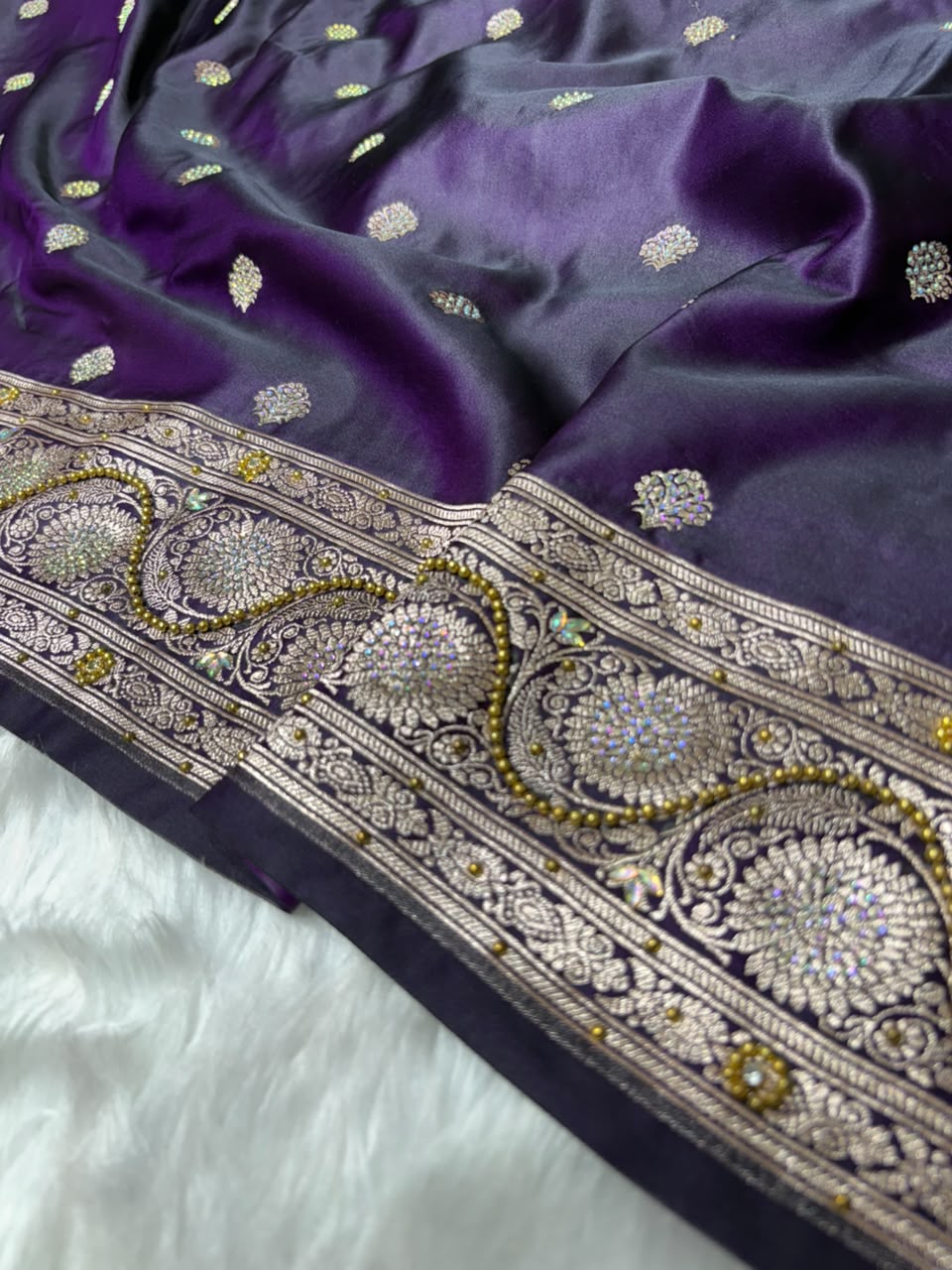 Blackish Purple With Swarovski Work Booti Mashru Silk Saree