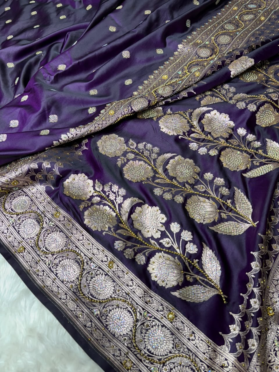 Blackish Purple With Swarovski Work Booti Mashru Silk Saree