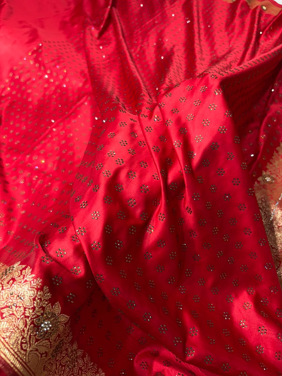 Red With Swarovski Work Booti Mashru Silk Saree