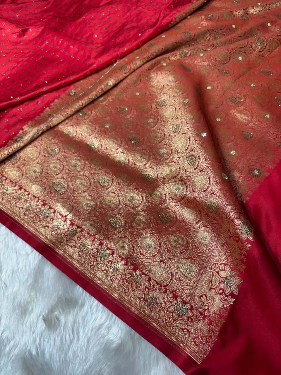 Red With Swarovski Work Booti Mashru Silk Saree