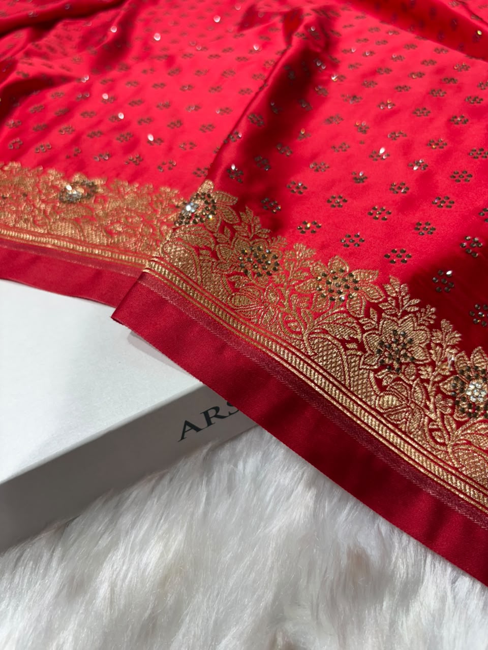 Red With Swarovski Work Booti Mashru Silk Saree