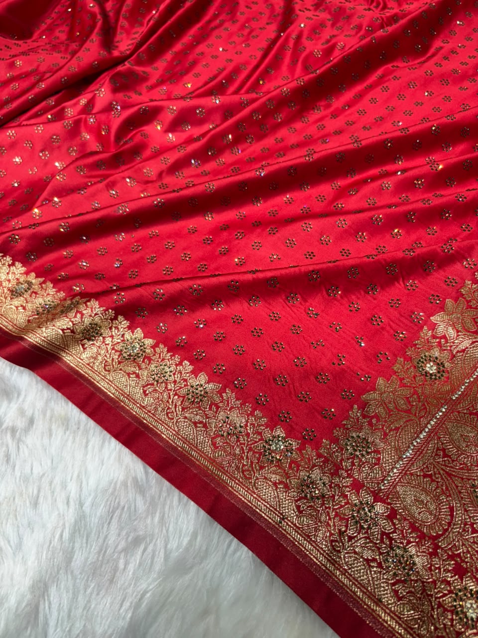 Red With Swarovski Work Booti Mashru Silk Saree