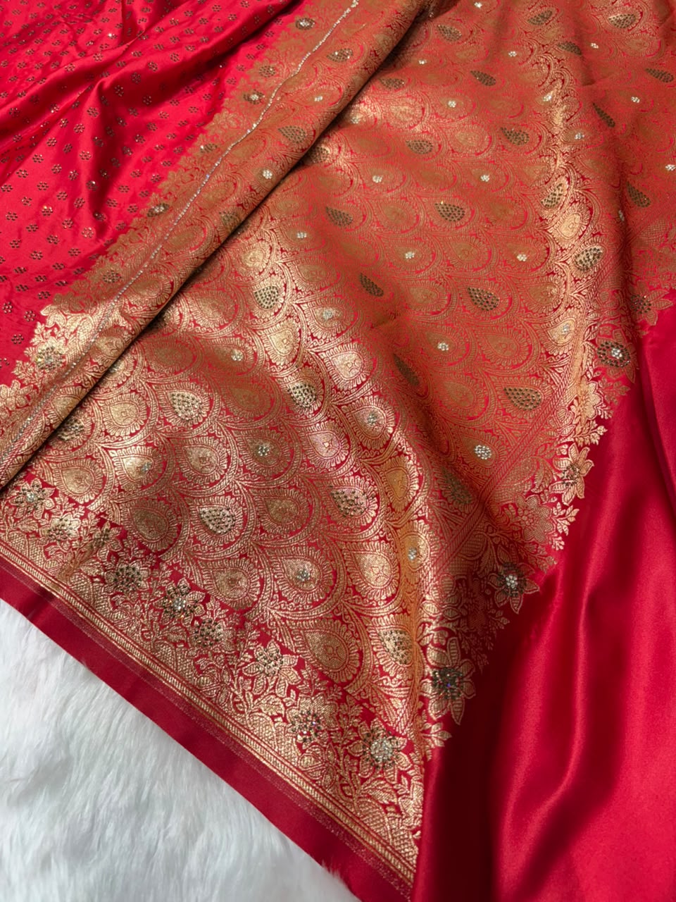 Red With Swarovski Work Booti Mashru Silk Saree