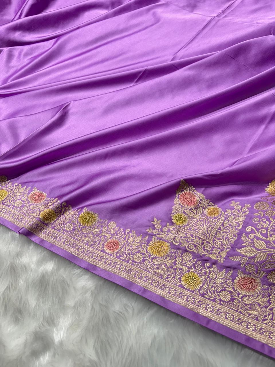 Lavender Minakari Shades Plain Mashru Silk Saree