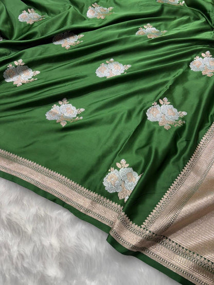 Bottle Green Shades Floral Boota Mashru Silk Saree