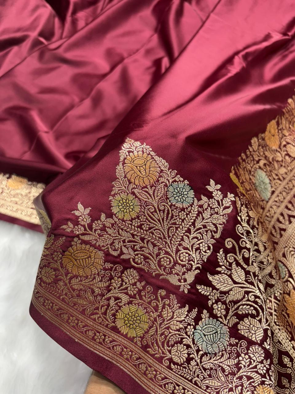 Maroon Minakari Shades Plain Mashru Silk Saree