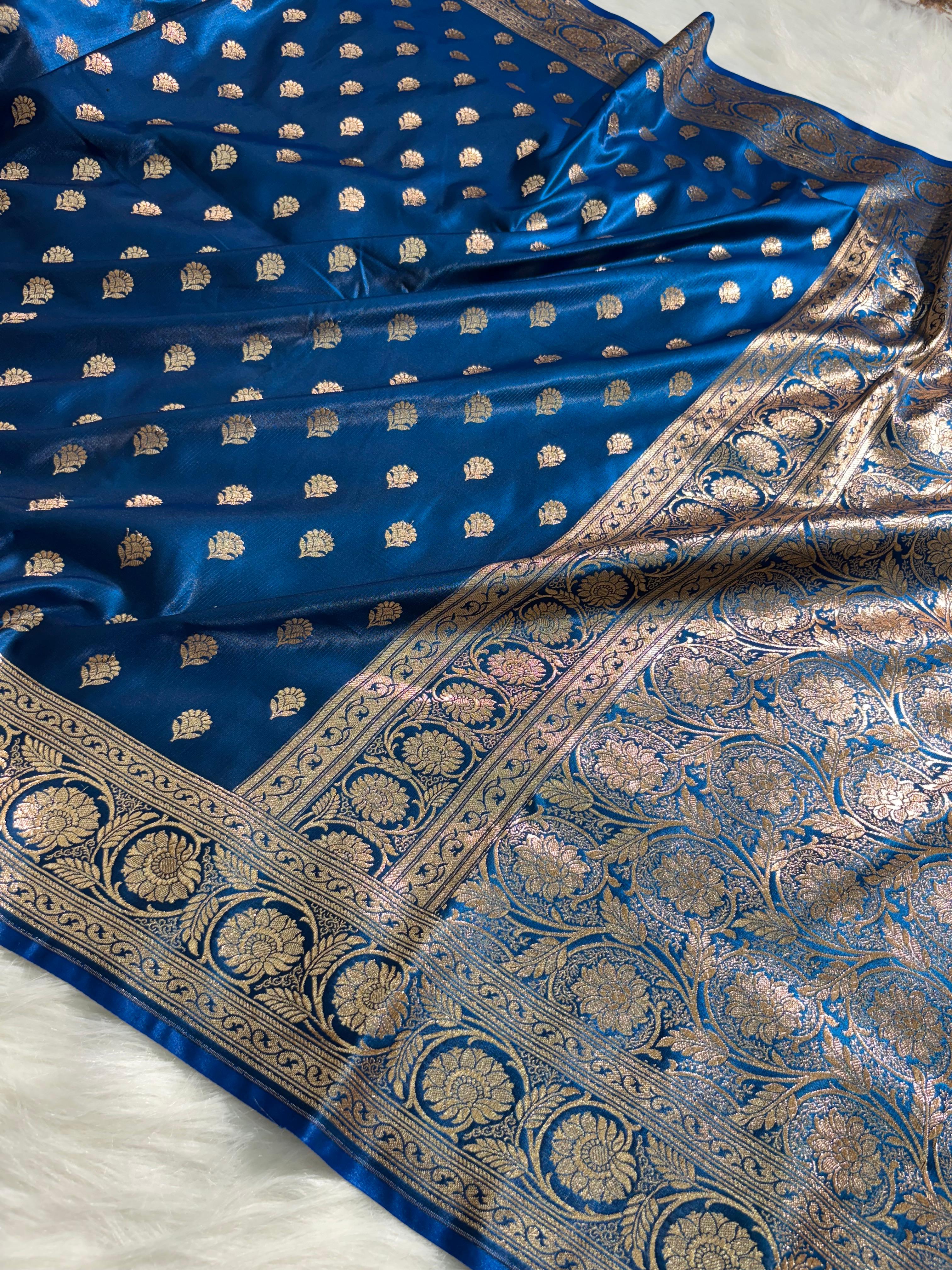 Royal Blue Floral Booti Satin Silk Saree